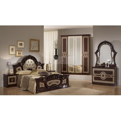 SARA mahoń  włoski komplet mebli do sypialni z łóżkiem tapicerowanym 180x200  w połysku