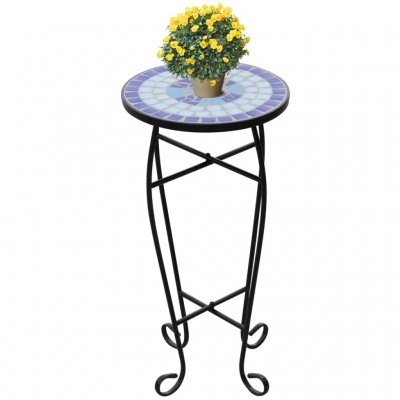  Kwitnik z mozaikowym blatem, stolik wysoki na balkon, niebiesko-biały
