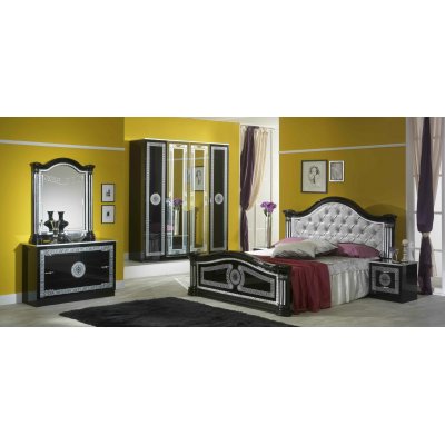 SERENA włoski komplet mebli do sypialni z łóżkiem tapicerowanym kolor czarny ze srebrnym dekorem  w połysku